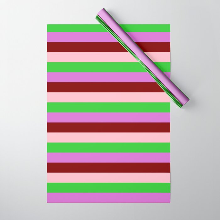 Lime Green, Orchid, Maroon, and Pink Colored Stripes/Lines Pattern Wrapping Paper