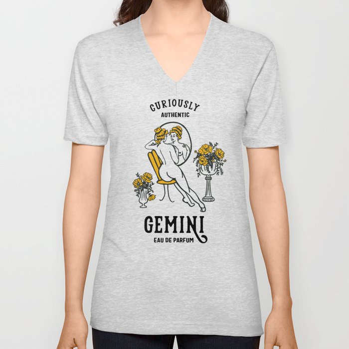 "Gemini Eau De Parfum: Curiously Authentic" Cute Zodiac Inspired Art V Neck T Shirt