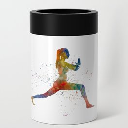 woman practices yoga in watercolor Can Cooler