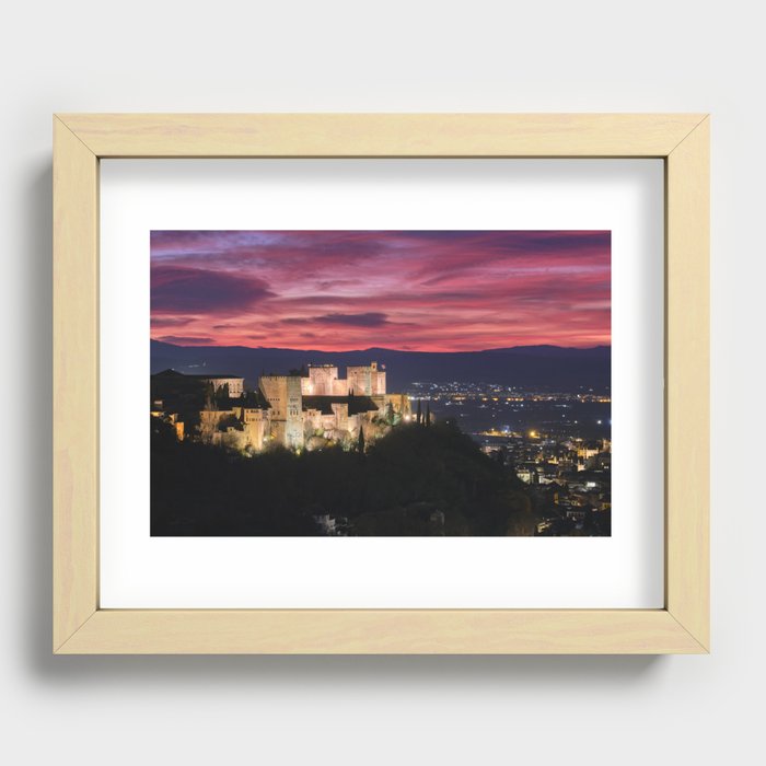 Winter sunset. The Alhambra Palace. Beautiful red clouds at sunset. Recessed Framed Print