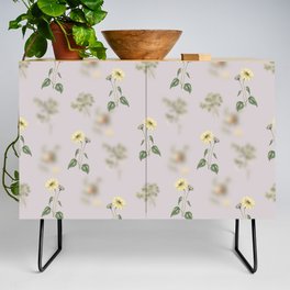 Vintage Trumpet Stalked Sunflower Botanical Pattern on Silver Pastel Pink Credenza