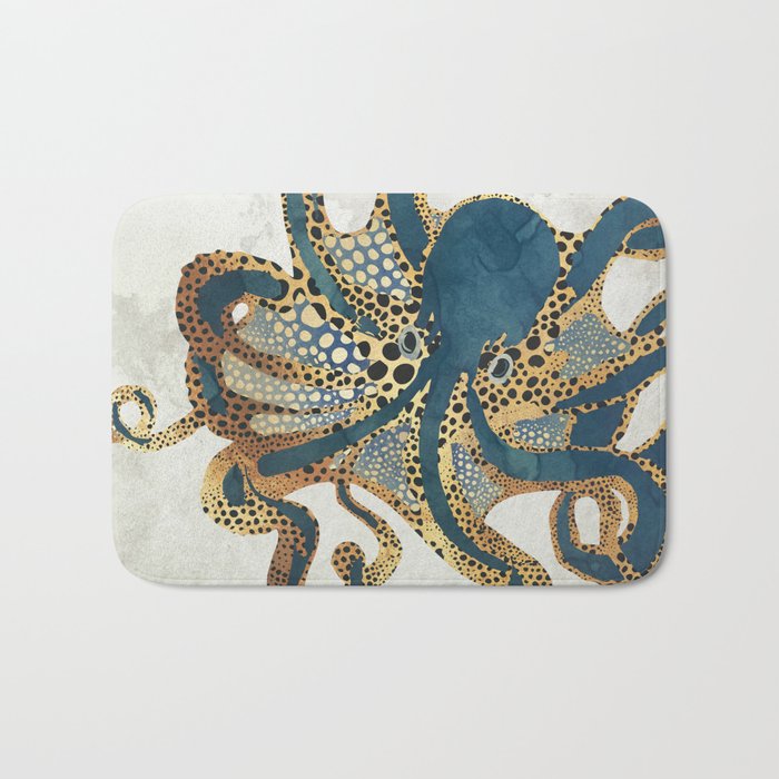Underwater Dream VI Bath Mat | Graphic-design, Digital, Watercolor, Octopus, Marine, Sea, Nature, Abstract, Contemporary, Gold