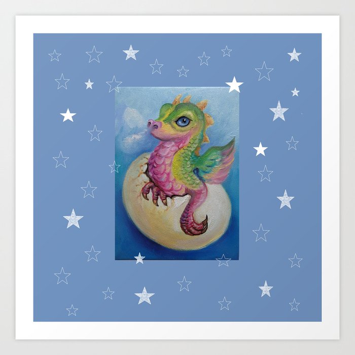 Baby Dragon On The Blue Sky With Stars Painting Fantasy