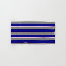 [ Thumbnail: Grey, Blue, and Light Pink Colored Striped/Lined Pattern Hand & Bath Towel ]
