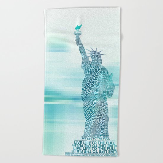 Typographic Statue of Liberty - Aqua Blue Beach Towel