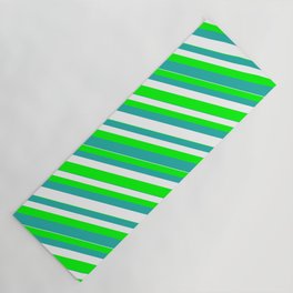 [ Thumbnail: Lime, Light Sea Green & White Colored Striped/Lined Pattern Yoga Mat ]