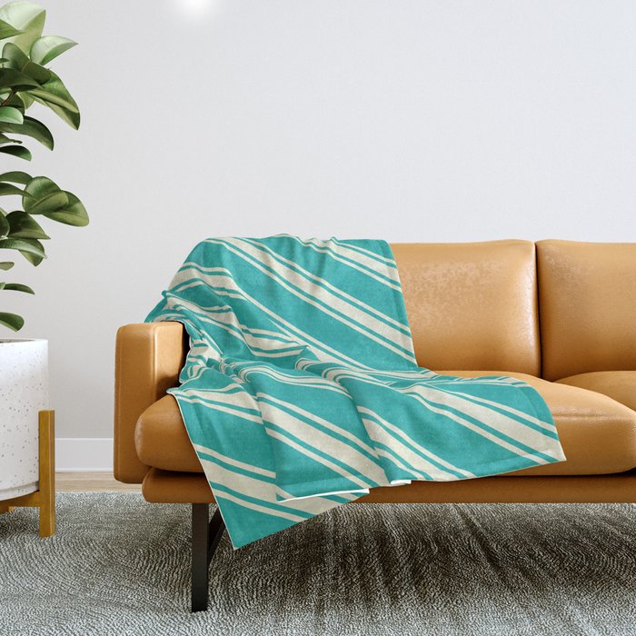 Light Sea Green & Beige Colored Lined/Striped Pattern Throw Blanket