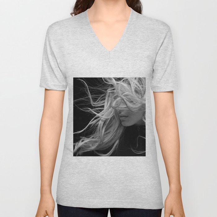 Blond with the wind in her hair black and white portrait photograph / photography / photographs V Neck T Shirt