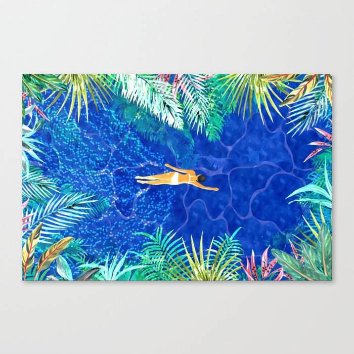 Tropical Jungle Pool | Forest Pop of Color Botanical | Travel Wild Plants Eclectic Watercolor Swim  Canvas Print