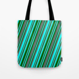 [ Thumbnail: Aqua, Dark Green & Dim Grey Colored Lines/Stripes Pattern Tote Bag ]