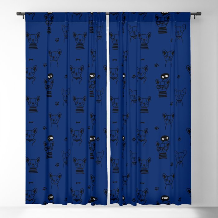 Blue and Black Hand Drawn Dog Puppy Pattern Blackout Curtain