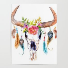 Floral and Feathers Adorned Bull Skull Poster