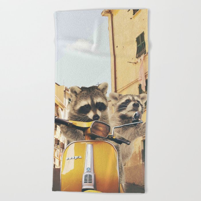Raccoons on the road trip Beach Towel