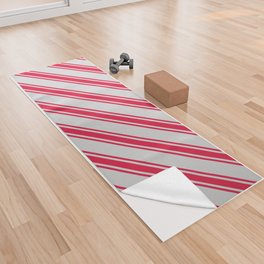[ Thumbnail: Light Grey & Crimson Colored Striped Pattern Yoga Towel ]