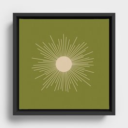 Mid-Century Modern Sunburst II - Minimalist Sun in Mid Mod Beige and Olive Green Framed Canvas