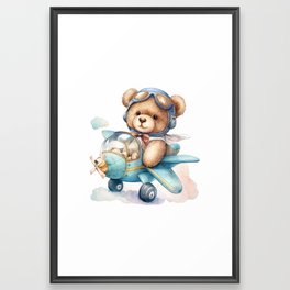 Teddy Bear in Airplane Blue Watercolor Print Framed Art Print