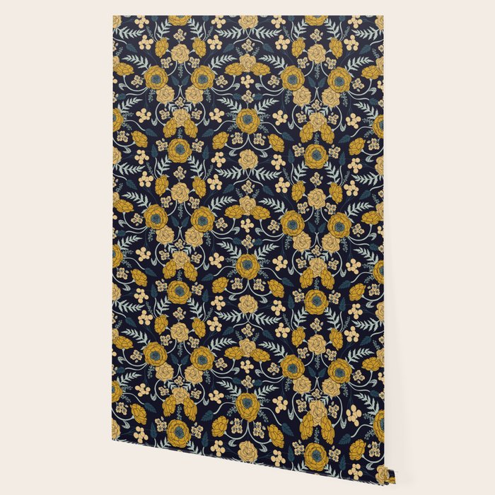 navy blue turquoise cream mustard yellow dark floral pattern wallpaper by somecallmebeth