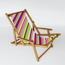 [ Thumbnail: Purple, Hot Pink, Green & Bisque Colored Lined Pattern Sling Chair ]