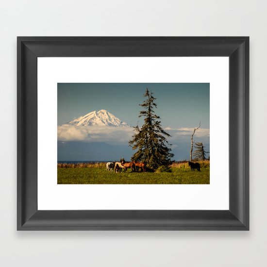 Horses and Mount Redoubt, Enroute to Homer, Alaska Framed Art Print