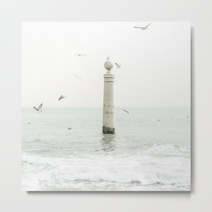 Terreiro do Paco - Minimalist White Art - Seagulls at Atlantic Ocean in Lisbon Portugal  Metal Print