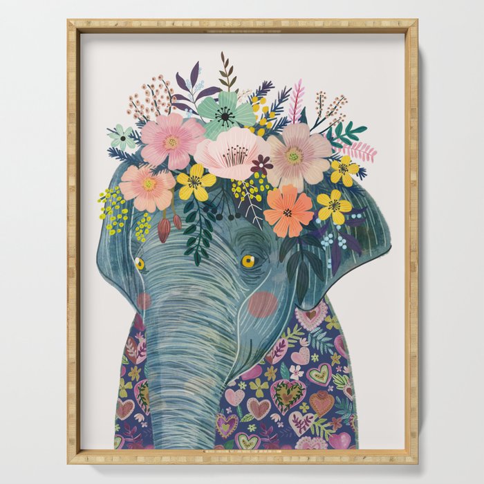 Elephant with flowers on head Serving Tray