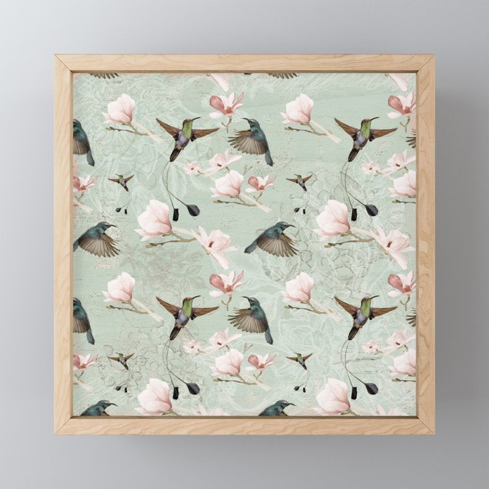 Vintage Watercolor hummingbird and Magnolia Flowers on mint Background Framed Mini Art Print