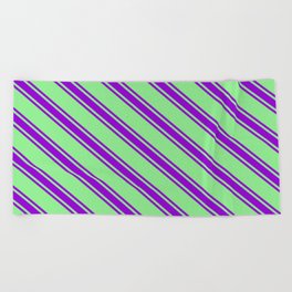 [ Thumbnail: Light Green & Dark Violet Colored Lines/Stripes Pattern Beach Towel ]