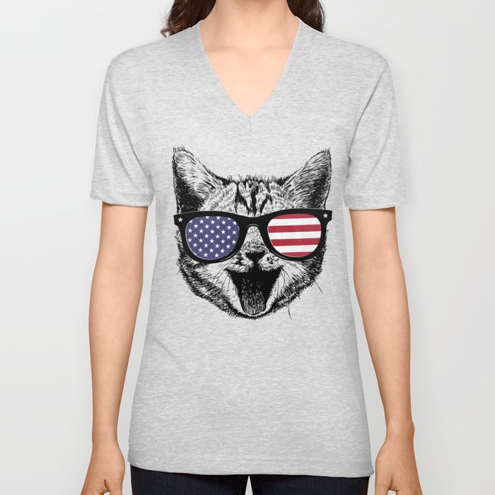 Cat Lover shirts USA American Flag 4th of july shirts V Neck T Shirt