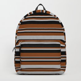 [ Thumbnail: Brown, Grey, and Black Colored Lines Pattern Backpack ]