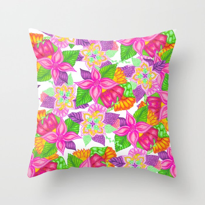 Colorful neon pink green floral handdrawn pattern Throw Pillow