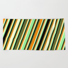 [ Thumbnail: Colorful Dark Orange, Light Yellow, Green, Black, and Dark Olive Green Colored Pattern of Stripes Beach Towel ]