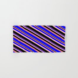 [ Thumbnail: Light Coral, Blue, Light Pink, and Black Colored Lines Pattern Hand & Bath Towel ]