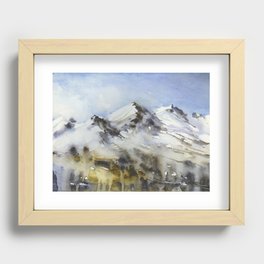 Snowy mountain watercolor landscape.  Fine art painting landscape artwork mountains snowy decor. Recessed Framed Print