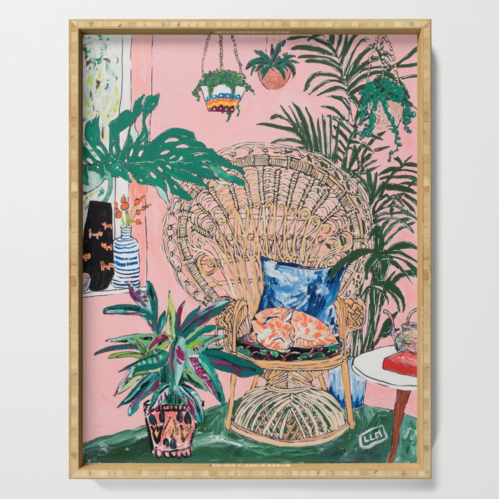 Ginger Cat in Peacock Chair with Indoor Jungle of House Plants Interior Painting Serving Tray