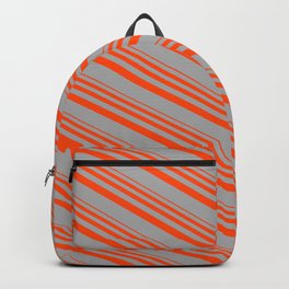 [ Thumbnail: Red & Dark Gray Colored Lined Pattern Backpack ]