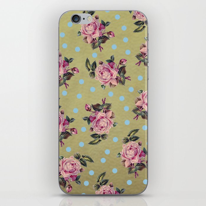 Pink Roses & Blue Dots iPhone Skin