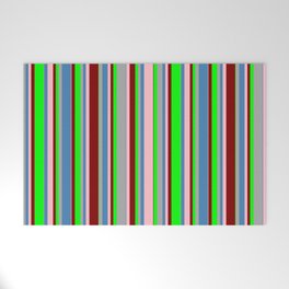 [ Thumbnail: Colorful Dark Grey, Blue, Pink, Maroon, and Lime Colored Lined/Striped Pattern Welcome Mat ]