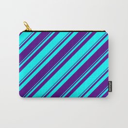 [ Thumbnail: Aqua & Indigo Colored Lined/Striped Pattern Carry-All Pouch ]