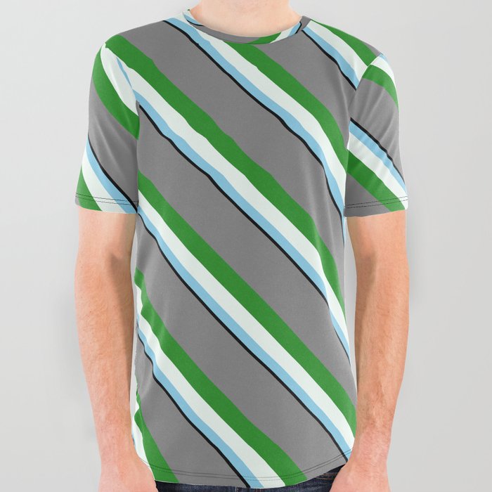 Colorful Grey, Forest Green, Mint Cream, Sky Blue & Black Colored Pattern of Stripes All Over Graphic Tee