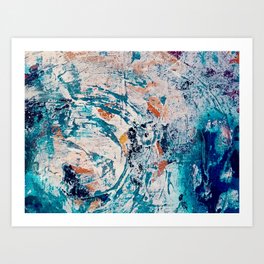 Reflections: a bold and interesting abstract mixed media piece in blues, yellows, orange, and white Art Print
