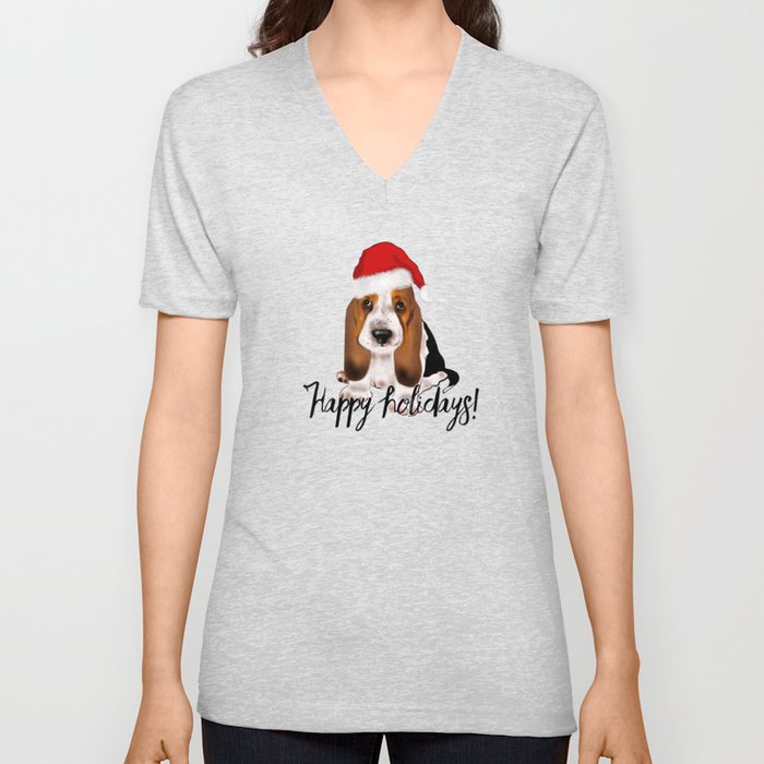 Cute Santa basset hound dog.Christmas puppy gift idea V Neck T Shirt