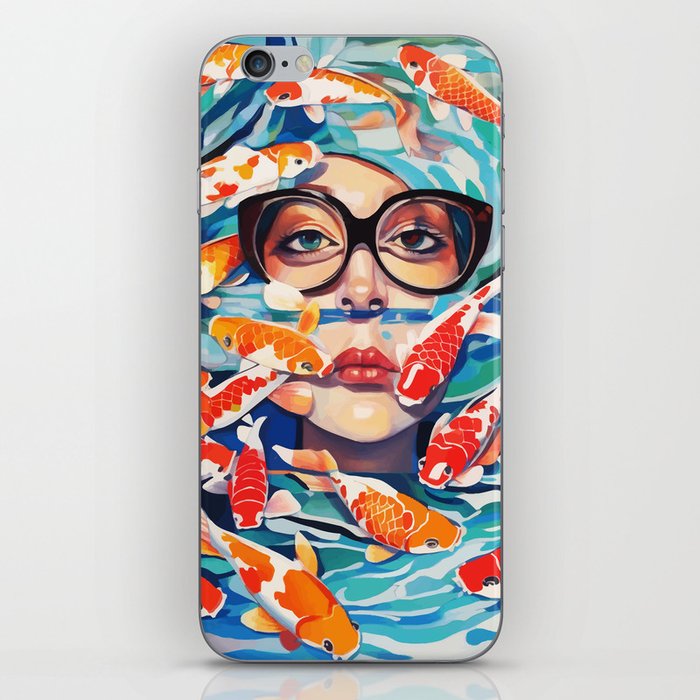 Point of View, Individuality Koi Fish Yoga Meditation, Woman Glasses Vision Concept, Fishpond Eclectic Vintage Painting iPhone Skin