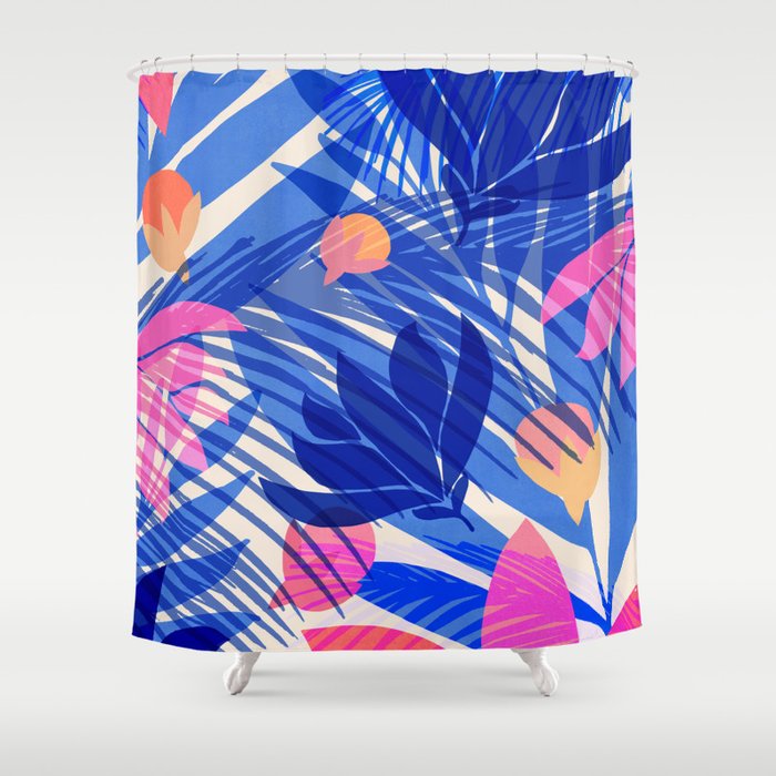 Breezy Tropics Blue Floral Design Shower Curtain