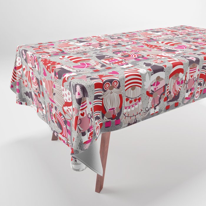 I gnome you more // grey background red and pink Valentine's Day gnomes and motifs Tablecloth