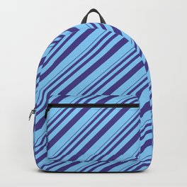 [ Thumbnail: Dark Slate Blue and Light Sky Blue Colored Stripes/Lines Pattern Backpack ]