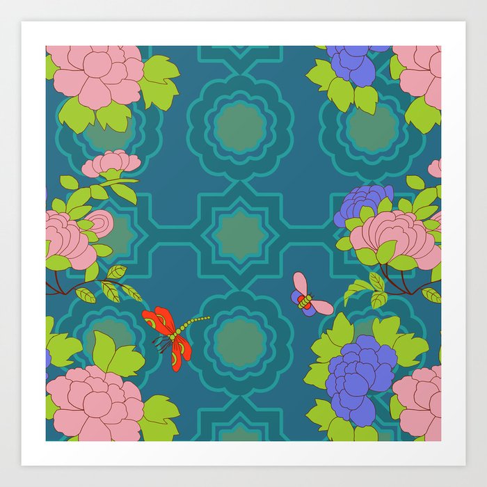 Chinoiserie Peonies and butterfly Art Print