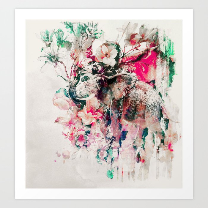 Watercolor Elephant and Flowers Art Print