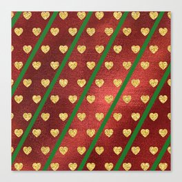 Gold Hearts on a Red Shiny Background with Green Diagonal Lines  Canvas Print