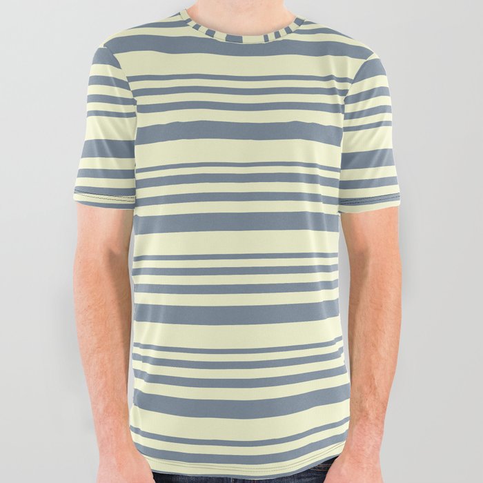 Light Slate Gray & Light Yellow Colored Lined Pattern All Over Graphic Tee