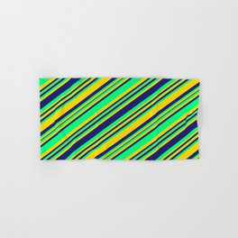 [ Thumbnail: Midnight Blue, Green, and Yellow Colored Lines/Stripes Pattern Hand & Bath Towel ]